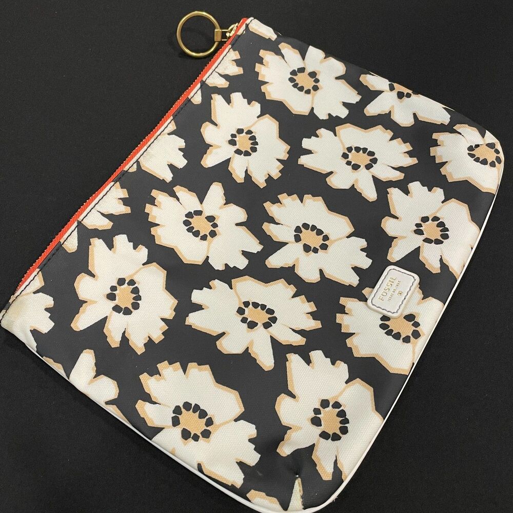 ~ Rare FOSSIL Bag Zip Clutch Daisy Floral Makeup Cosmetics Mod Pattern Pouch